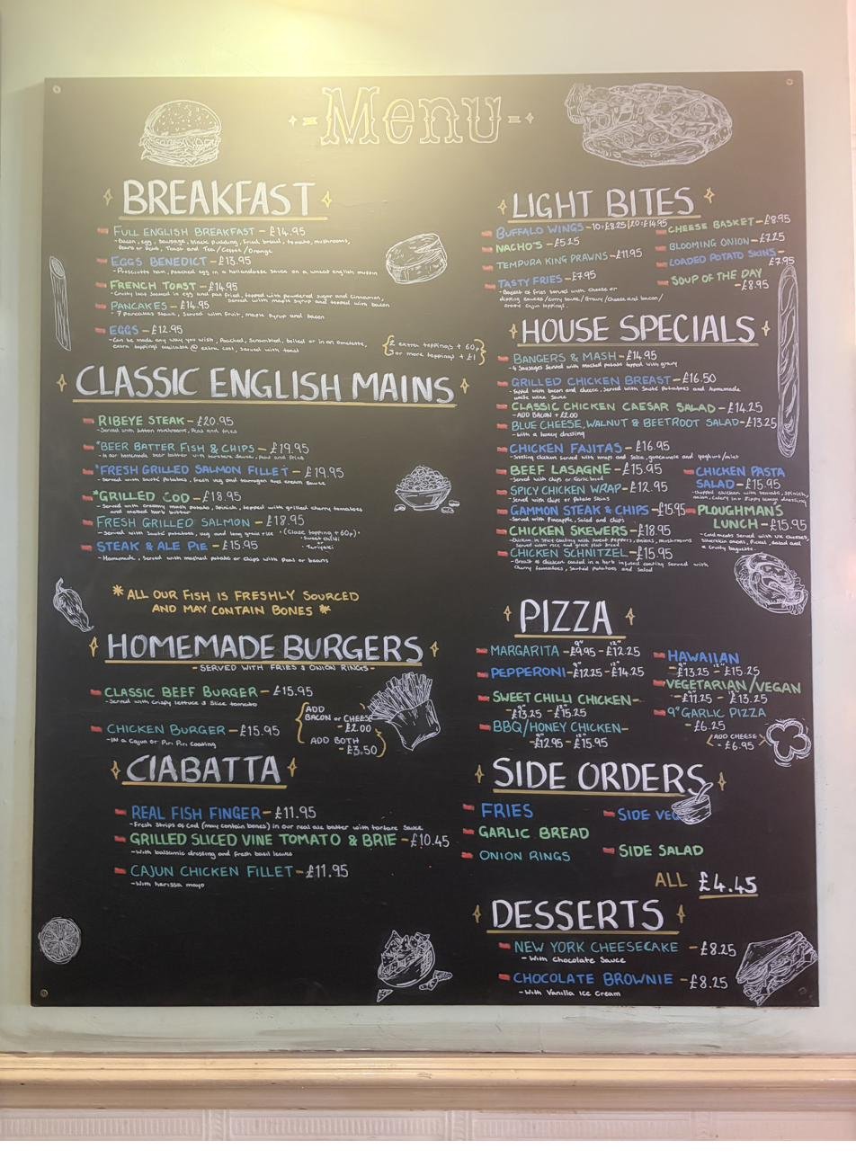 Full chalkboard menu at The Gallery Pimlico